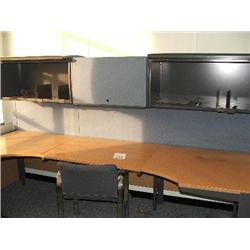 2 X LIGHT OAK SYSTEM WITH RETURN, EYE LINE FILE CUPBOARD, BACK BOARD, 2 X 3 DRAWER PEDESTAL UNIT, 1 