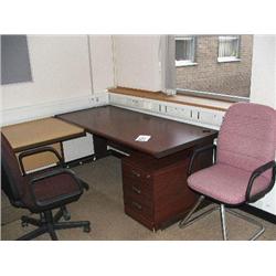 MAHOGANY EFFECT DESK,  1 X 3 DRAWER PEDESTAL UNIT,  1 X  TAMBOUR UNIT.