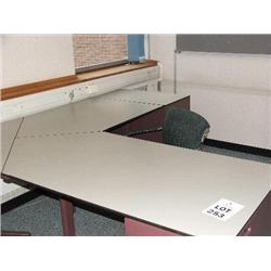 GREY DESK SYSTEM WITH BUILT UNDER 4 DRAWER PEDESTAL UNIT, 1 X TAMBOUR UNIT, GREY TRIUMPH METAL FILE 