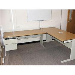2 X LIGHT OAK CANTILEVER DESK 1 WITH PEDESTAL UNIT, 3 X LIGHT OAK & GREY SUSPENSION  FILE CABINETS, 