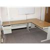 Image 1 : 2 X LIGHT OAK CANTILEVER DESK 1 WITH PEDESTAL UNIT, 3 X LIGHT OAK & GREY SUSPENSION  FILE CABINETS, 