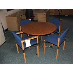 ROUND MEETING TABLES & 4 BLUE CHAIRS.