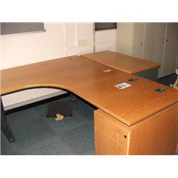 DESK WITH RETURN, 1X  MOBILE PEDESTAL UNIT, 1 X 3 DRAWER PEDESTAL UNIT, 1 X LIGHT OAK & GREY TAMBOUR