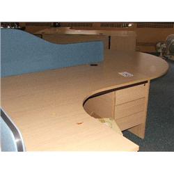 LIGHT OAK WORK STATION WITH SEMI CIRCLE CONNECTING END, 2 X 4 DRAWER PEDESTAL UNIT, DIVIDERS & CHAIR