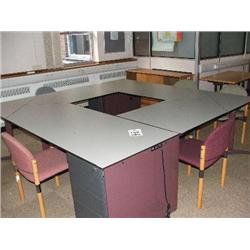 2 X GREY DESK  WITH BUILT UNDER 4 DRAWER PEDESTAL UNIT, 5 X CHAIRS, 1 X LIGHT OAK  CHROME OFFICE TAB