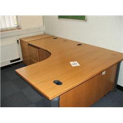 LIGHT OAK CANTILEVER DESK WITH RETURN, 1 X 3 DRAWER PEDESTAL UNIT, 1 X 3 DRAWER PEDESTAL END UNIT.