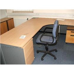 SENATOR BEECH EFFECT DESK WITH RETURN, 1 X 3 &2  DRAWER PEDESTAL UNITS, 1 X TAMBOUR UNIT, 1 X CHAIR.