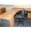 Image 1 : SENATOR BEECH EFFECT DESK WITH RETURN, 1 X 3 &2  DRAWER PEDESTAL UNITS, 1 X TAMBOUR UNIT, 1 X CHAIR.