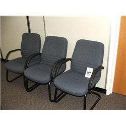 ROUND COFFEE TABLE, 3 X LIGHT OAK & CHROME CANTILEVER TABLES, 3 X BLUE OFFICE CHAIRS.