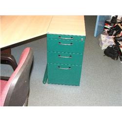 LISTA BEECH EFFECT DESK WITH RETURN, 1 X 4 DRAWER END PEDESTAL, 1 X CHAIR.