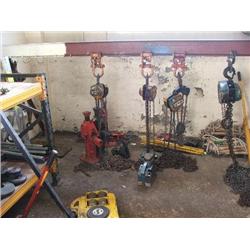 QTY OF LIFT CHAINS, VARIOUS LIFTING HOISTS,JACKS, MACHINE SKATE, SOLA LIFE LINE BLOCK ETC.