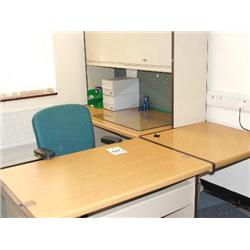2 X DESKS & RETURN WITH EYE LINE CUPBOARD & CHAIR.