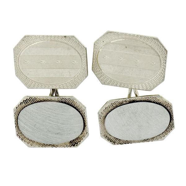 Antique Art Deco 14k White Gold Etched Dual Panel Cuff Links