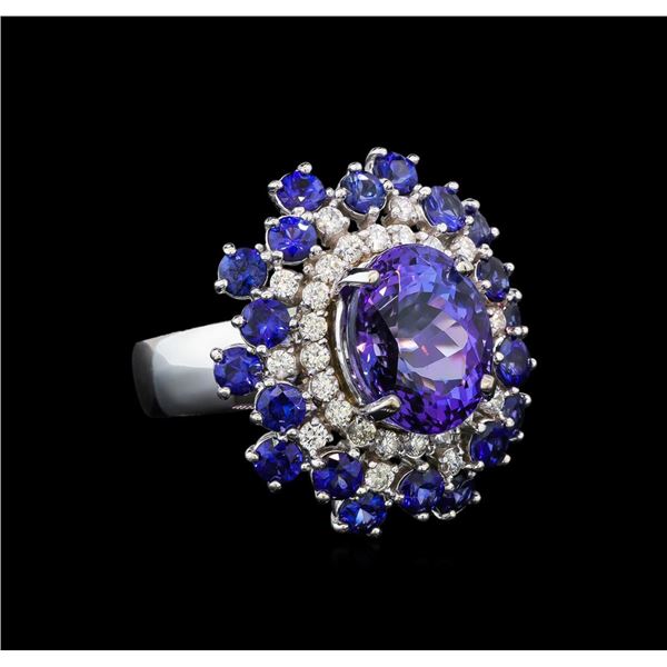 14KT White Gold 4.93 ctw Tanzanite, Sapphire and Diamond Ring