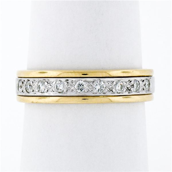 Estate Men's 14K Two Tone Gold 0.25 ctw Round Pave Set Diamond Wide Band Ring