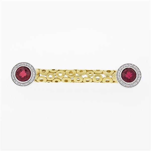 Unique 18k TT Gold Rubellite Tourmaline Diamond Open Circle Work Bar Pin Brooch