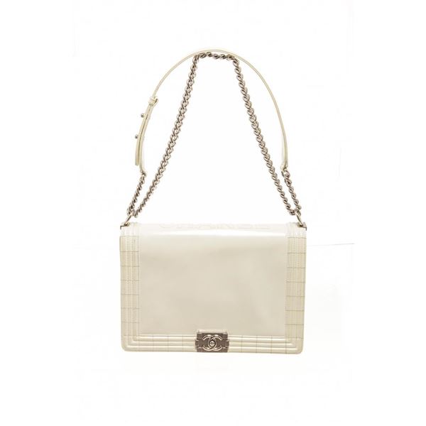 Chanel White Patent Leather Large Boy Shoulder Bag