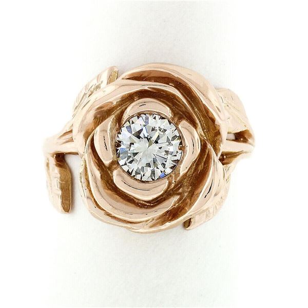 New Handmade 18k Pink Gold 0.72 ctw Round Diamond Rose Flower & Engraved Leaf Ri