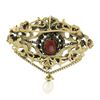 Image 3 : Vintage 14k Gold 4 ctw Round Oval Garnet Open Work Pearl Dangle Pin Brooch Penda