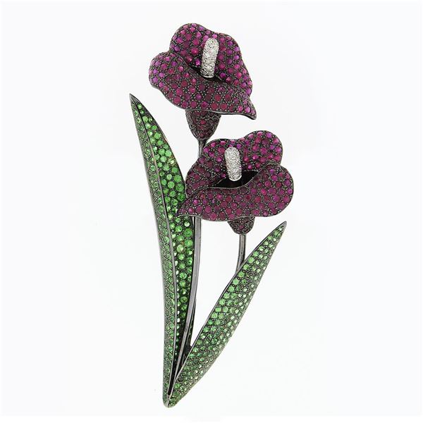 Vintage 18k Black Gold Large Tsavorite Garnet Ruby Diamond Calla Lily Brooch Pin