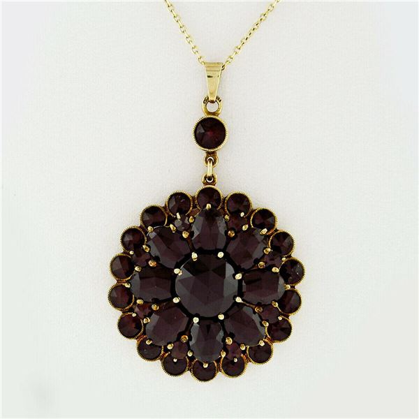 Antique Victorian 10k Gold Rose Cut Red Garnet Milgrain Flower Pendant Necklace