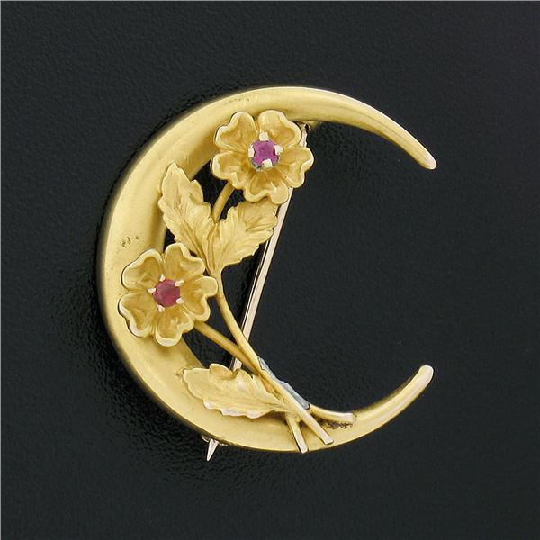 Antique Art Nouveau 10K Gold Round Ruby Crescent w/ Detailed Flowers Brooch Pin