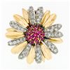 Image 1 : Vintage 14k Two Tone Gold Ruby Cluster & Diamond Layered Daisy Flower Brooch Pin