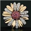 Image 2 : Vintage 14k Two Tone Gold Ruby Cluster & Diamond Layered Daisy Flower Brooch Pin