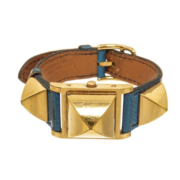 Hermes Gold Plated Metal and Leather Medor Quartz 18mm Watch