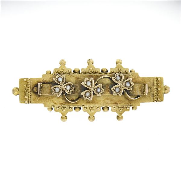 S. Bros Antique Victorian 15K Yellow Gold 3 Clover w/ Seed Pearl Bar Brooch Pin