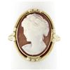 Image 1 : Vintage 14k Gold Milgrain Bezel Set Oval Carved Shell Cameo W/ Open Frame Ring