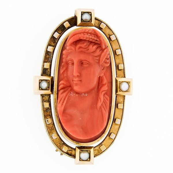 LARGE Antique Victorian 18k Gold GIA NO DYE Carved Coral Cameo Pearl Brooch Pin