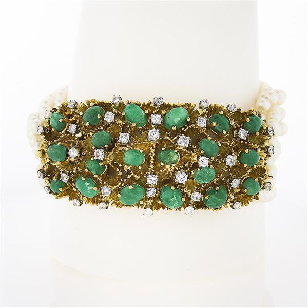 Vintage 18k Gold 7  14.65 ctw Diamond & Cabochon Emerald 12 Strand Pearl Bracele