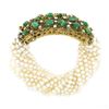 Image 5 : Vintage 18k Gold 7" 14.65 ctw Diamond & Cabochon Emerald 12 Strand Pearl Bracele