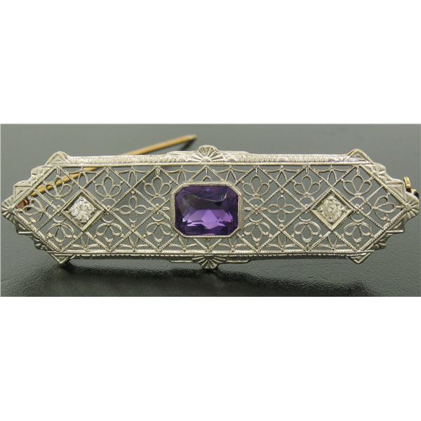 Antique Art Deco 14k Two Tone Gold Amethyst & Old Diamond Etched Filigree Brooch