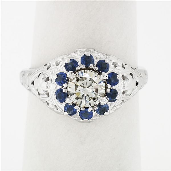 Vintage 18k White Gold 1.09 ctw Diamond Solitaire Sapphire Halo W/ Milgrain Ring