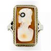 Image 1 : Antique 18K White Gold Rectangular Carved Shell Cameo Diamond Etched Frame Ring