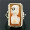 Image 2 : Antique 18K White Gold Rectangular Carved Shell Cameo Diamond Etched Frame Ring