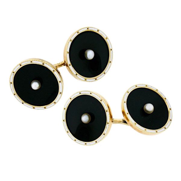 Antique Men's 14k Gold Black Onyx Disk Natural Pearls White Enamel Cuff Links