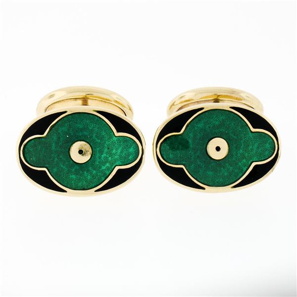 Vintage Mens 18k Yellow Gold Oval Shaped Green Black Guilloche Enamel Cuff Links