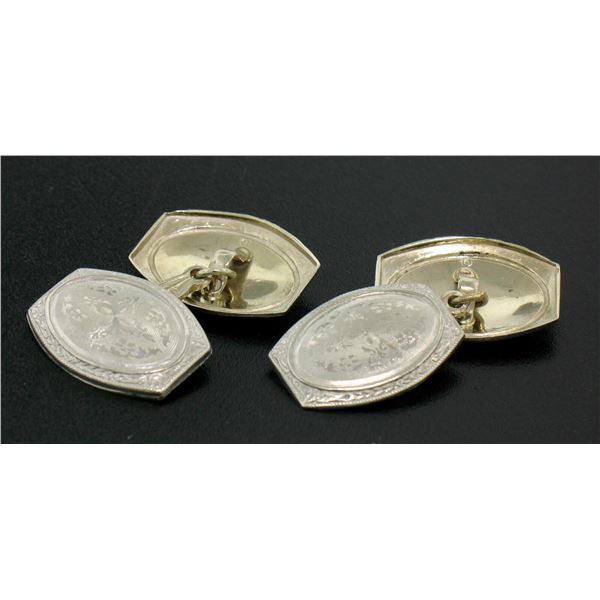 Men's Antique Art Deco Solid 14k White Gold Damask Etched Oval Panel Cufflinks