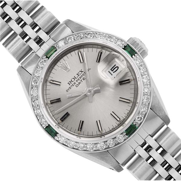 Rolex Ladies Stainless Steel Silver Index Dial Diamond And Emerald Date Watch