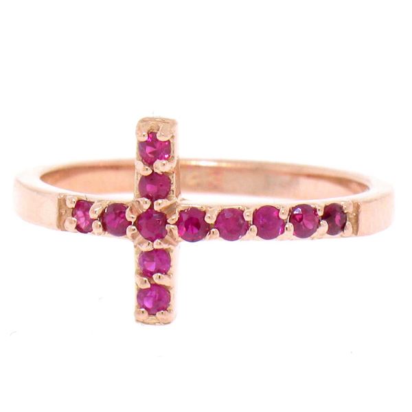 NEW Solid 14k Rose Gold 0.25 ctw Round Cut Blood Red Ruby Curved Cross Band Ring