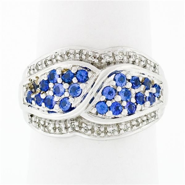 14k White Gold .85 ctw Round Brilliant Tanzanite & Diamond Wide Cluster Band Rin