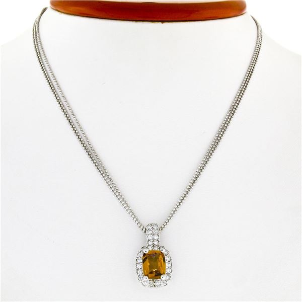 14K White Gold 3.71 ctw Cushion Checkerboard Citrine Diamond Halo Pendant & Chai