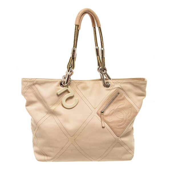 Chanel Light Pink Beige Leather No.5 Coco Mark Rope Tote Bag