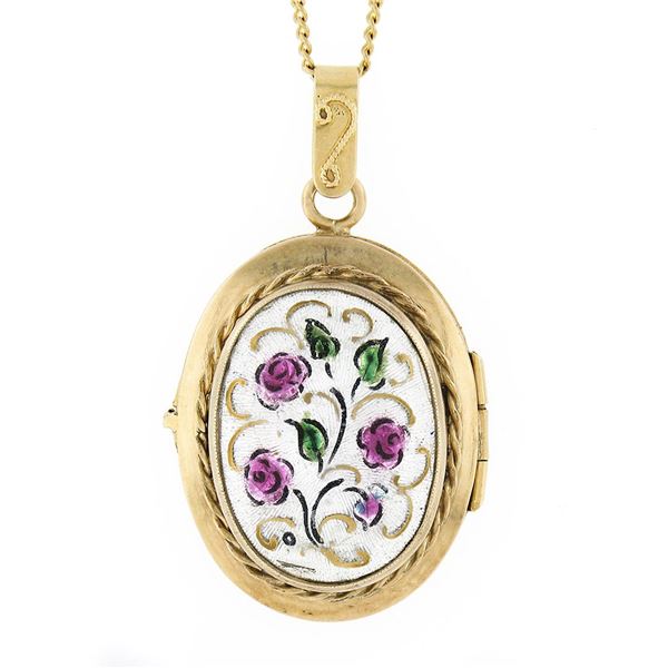 Vintage 14k Yellow Gold Hand Painted Enamel Flower Oval Locket Pendant & Chain