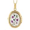 Image 1 : Vintage 14k Yellow Gold Hand Painted Enamel Flower Oval Locket Pendant & Chain