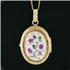 Image 2 : Vintage 14k Yellow Gold Hand Painted Enamel Flower Oval Locket Pendant & Chain