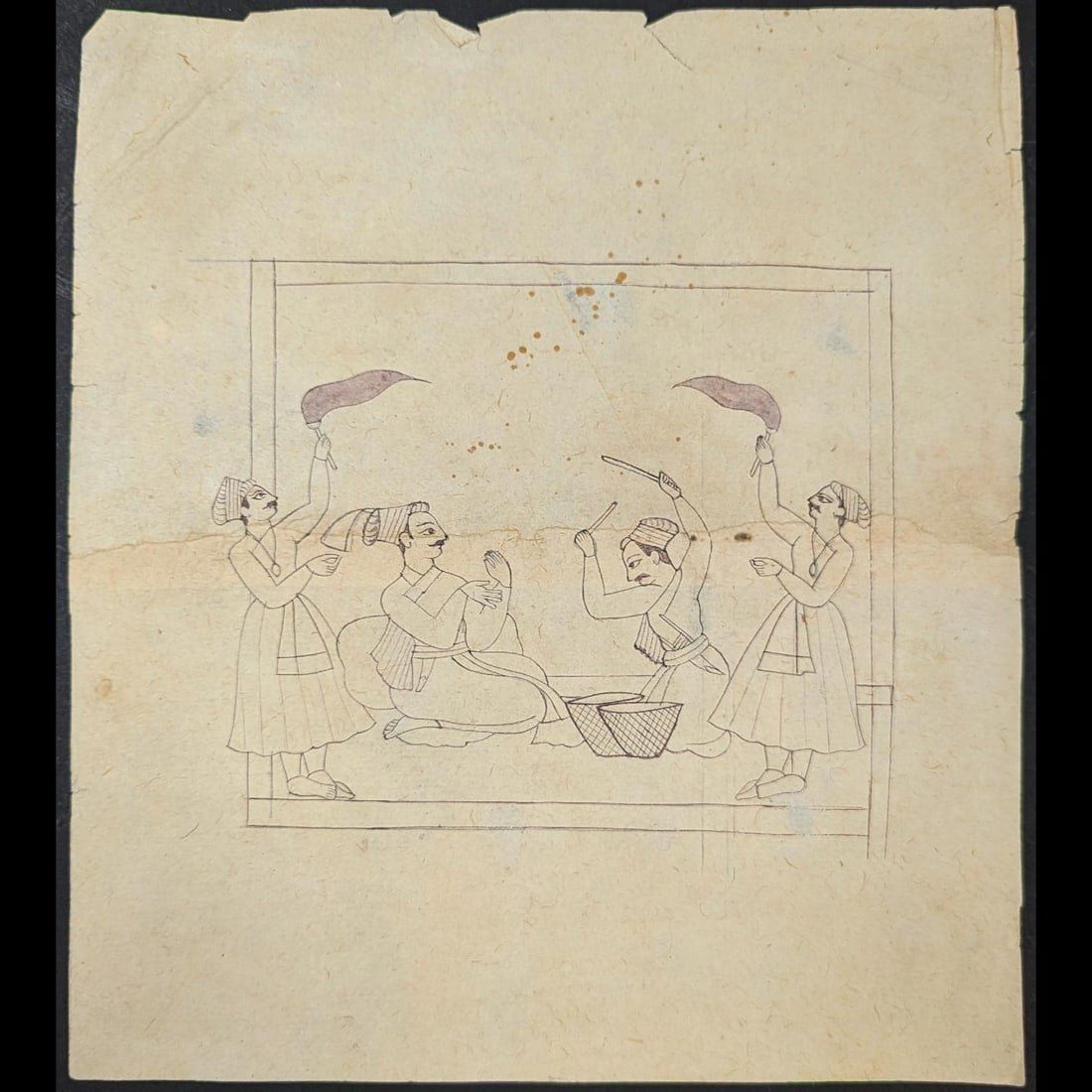 Indian Pahari Miniature Drawing Of A Ruler And Musicians